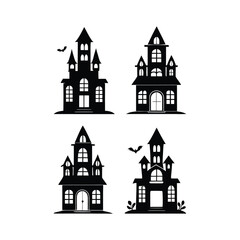 Four spooky black silhouette haunted houses with bats and trees