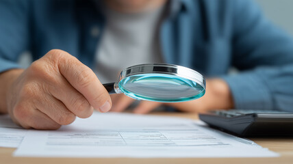 Hand with magnifying glass inspects financial documents, embodying audit integrity due diligence and the pursuit of accuracy in reports taxes and compliance.

