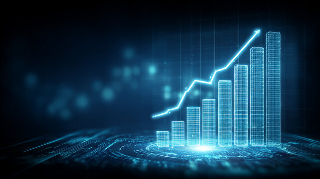 Holographic wireframe bars climb within a digital arena, translating abstract data into measurable progress and showcasing futuristic business growth and innovation.
