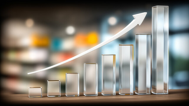 Chrome like bar chart with rising arrow gleams against a blurred retail background, translating sales data into polished success.
