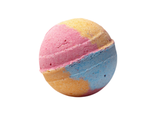 Spherical bath bomb with pink blue yellow stripes round, Isolated, Png Transparent Background