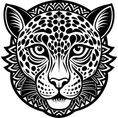 Obraz premium Intricate black and white tribal tattoo style leopard face with mandala elements and fierce expression