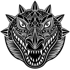 Obraz premium Intricate black and white tribal dragon head with sharp teeth and spiked mane symbolizing power and ferocity