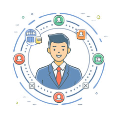 Manager in Digital Network with Team Communication, Office Supplies and Banking, Modern Flat Vector Illustration