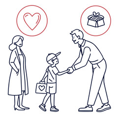 Vector art of line art illustration of a family with love and gift symbols above them