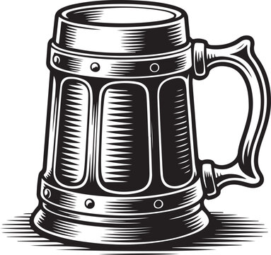Pirate Ale Tankard Vector  Side View Black Outline with Halftone Grunge Texture