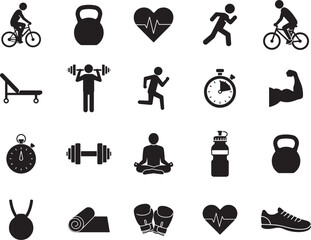 Obraz premium Fitness and Gym Equipment Icons Collection in Silhouette Style