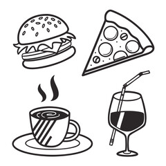 Illustration of burger, pizza, coffee and drink isolated on white background