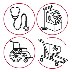 Illustration of stethoscope, machine, wheelchair and cart isolated on white background