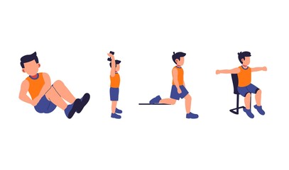 Orange and blue flat illustration of person exercising at home for fitness app branding or social media.