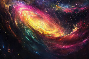 A colorful spiral galaxy with a bright yellow center
