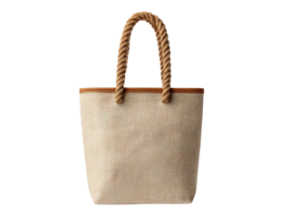 Natural woven tote bag with braided rope handles and leather trim fabric, Isolated, Png Transparent Background
