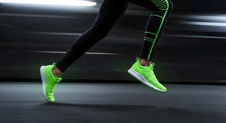A person running in black leggings and neon green shoes with motion blur in the background on gray floor