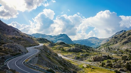 Highway Horizons: Dynamic Picture of Asphalt Highway &ndash; Smooth Black Pavement Cutting Through Green Fields and Distant Hills, Yellow Center Lines, Roadside Guardrails, and Trucks Speeding Under a Cloud