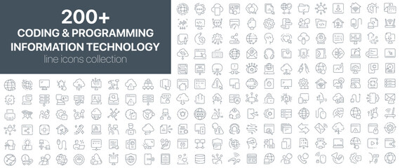 Coding and programming, information technology icons with symbols for servers, coding windows, databases, clouds, networks, and IT tools. Ideal for web, tech platforms, and system dashboards