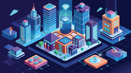 Obraz premium Isometric digital city with glowing buildings and data connections technology urban