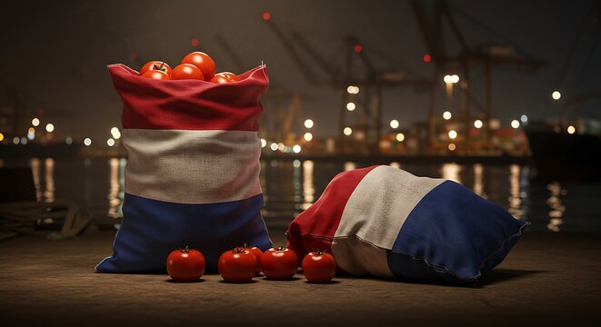 Fresh tomatoes in Dutch flag sacks at a bustling night harbor