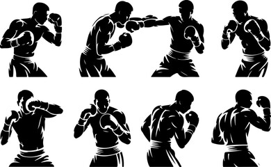 pure black silhouette vector illustrations of a boxer mid-punch throwing a jab