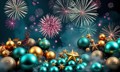 Festive Christmas ornaments with fireworks gold stars and teal and gold baubles against a dark