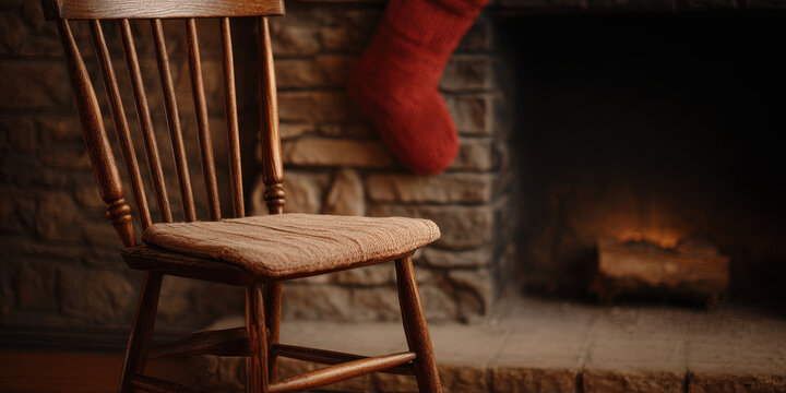 Cozy wooden chair sits by fireplace with red stocking hanging