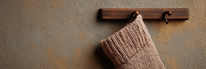Knitted stocking hanging on vintage wall hook evokes warmth