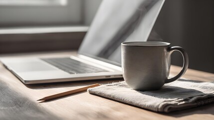 Cozy Home Office Workspace with Laptop, Steaming Mug, and Natural Light on a Wooden Desk Background