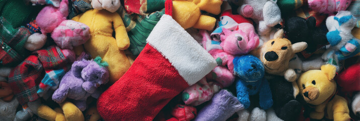 Red Christmas stocking surrounded by colorful stuffed toys