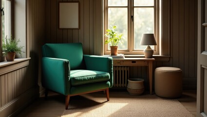 Cozy Reading Nook with Green Armchair, Natural Light, and Wood Paneling Detail