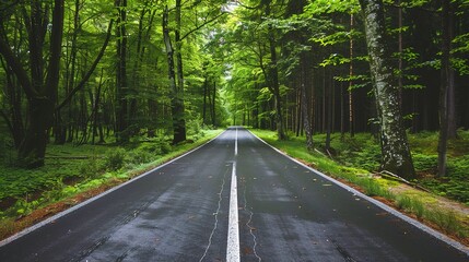 Fototapeta premium Highway Horizons: Dynamic Picture of Asphalt Highway – Smooth Black Pavement Cutting Through Green Fields and Distant Hills, Yellow Center Lines, Roadside Guardrails, and Trucks Speeding Under a Cloud