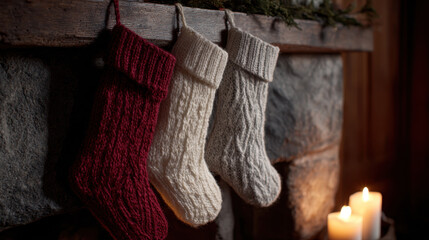 Three crocheted Christmas stockings hang on stone hearth