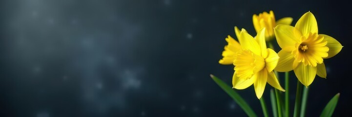 Fototapeta premium Bright yellow daffodil bouquet against dark chalkboard background, beauty, chalkboard