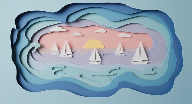 Layered paper cut sailboats at sunset