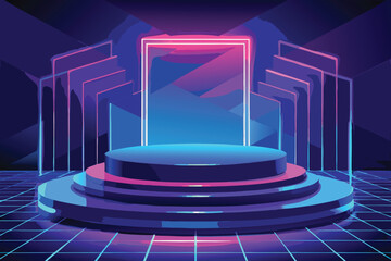 Neon illuminated stage podium with geometric background and grid floor light glowing © Logo Solution
