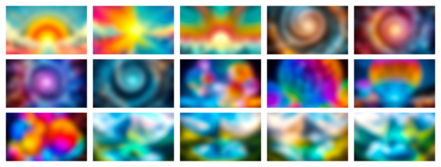 Vibrant abstract blurry gradients featuring swirling colors and soft light effects in a grid layout