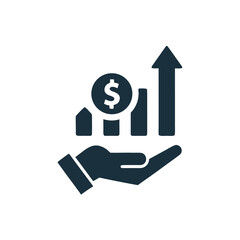 Dark blue hand holding rising bar graph with dollar coin icon on transparent background vector