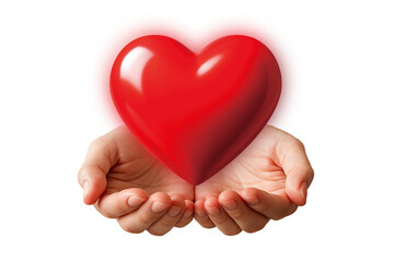 Fototapeta premium Material of the hand holding the heart. The image of two hands evokes charity, relief, mental care, health care, etc.
