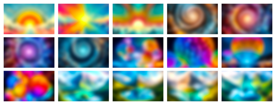 Vibrant abstract blurry gradients featuring swirling colors and soft light effects in a grid layout