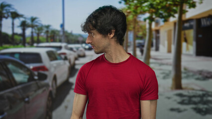 Man in red shirt raising his palm for a stop gesture on a sunny city street with skeptical...