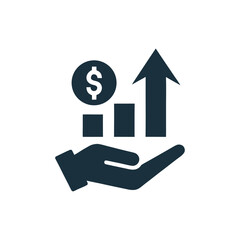 Dark blue hand holding upward trending bar graph with dollar coin icon vector
