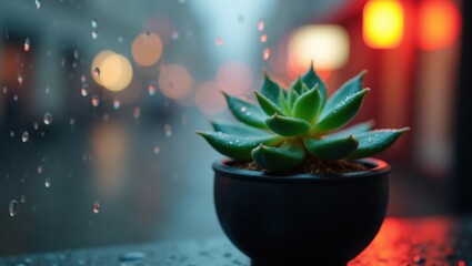 Succulent Plant in Dark Pot on Rainy Window Sill with Bokeh City Lights