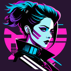Cyberpunk woman with vibrant teal and purple hair, featuring bold makeup and a futuristic collar, set against a cyberpunk-inspired geometric background.