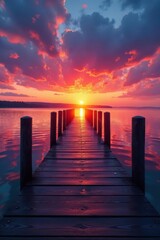 Obraz premium Fiery sunset paints the wooden pier, calm water reflecting the vibrant sky , horizon, outdoor, colors
