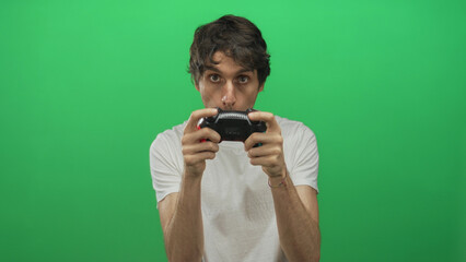 Young man holding black wireless game controller in studio with focused gaze ahead; intense concentration skill mastery.