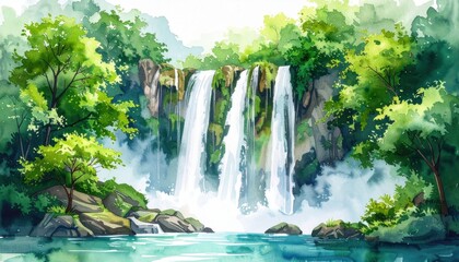 Tranquil watercolor waterfall landscape, cascading waters amidst verdant trees and a clear blue sky