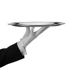 Gloved hand holding a silver tray isolated on transparent background