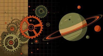 Illustration of saturn with rings gears and grid patterns on a split background with a dark theme