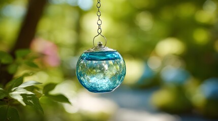Tranquil Outdoor Scene with a Hanging Blue Glass Decoration Against a Soft Green Bokeh Background
