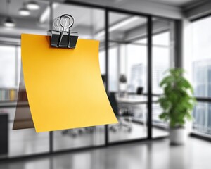 Creative Business Ideas Concept: Blank Sticky Note on Transparent Glass Wall with Copy Space for Planning and Strategy on Far Right Side