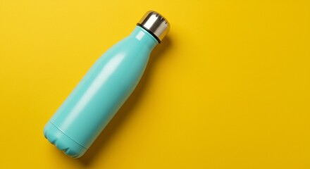 Stylish aqua flask with sleek steel cap. A vibrant yellow backdrop enhances its modern appeal. Stay refreshed on the go with this reusable flask.