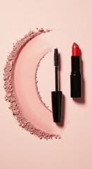 Beauty essentials arranged on a pink background: lipstick, mascara brush, and blush powder, creating a visually appealing composition.